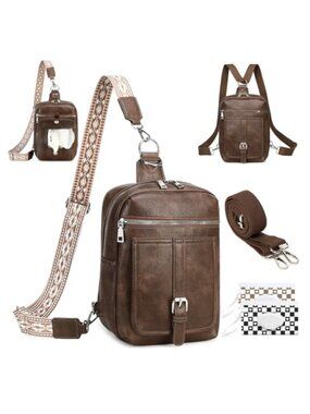 2-in-1 Leather Sling Backpack Crossbody Bag with 2 Removable Straps